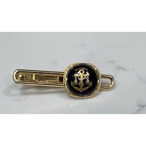 Limoges Gold Tone Blue Enamel Anchor Nautical Tie Clip Vintage